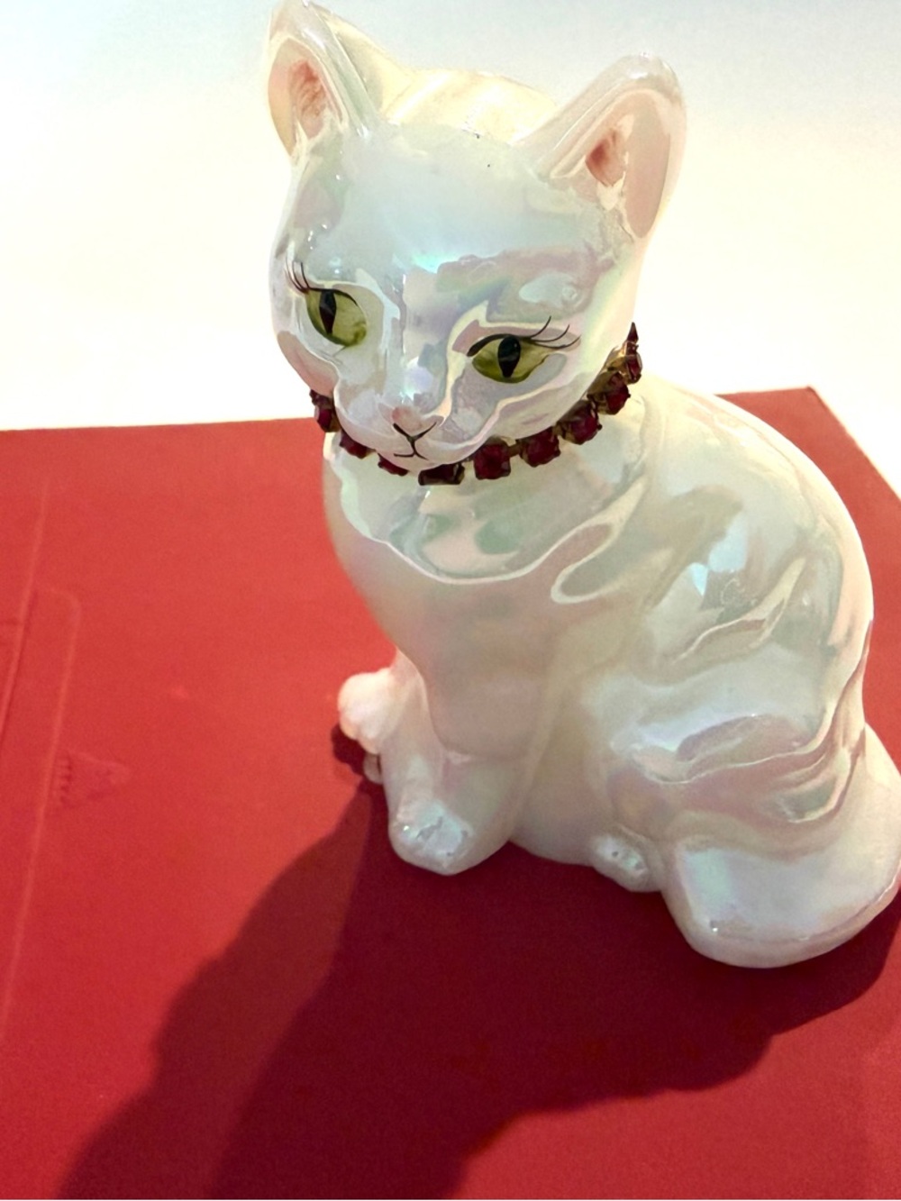Vintage Fenton Art Glass Opalescent Signed by Artist Calendar Cat W Red Neck